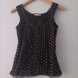 Moa Moa Black Sheer Confetti Dot Ruffle Sleeveless Chiffon Top Y2K L